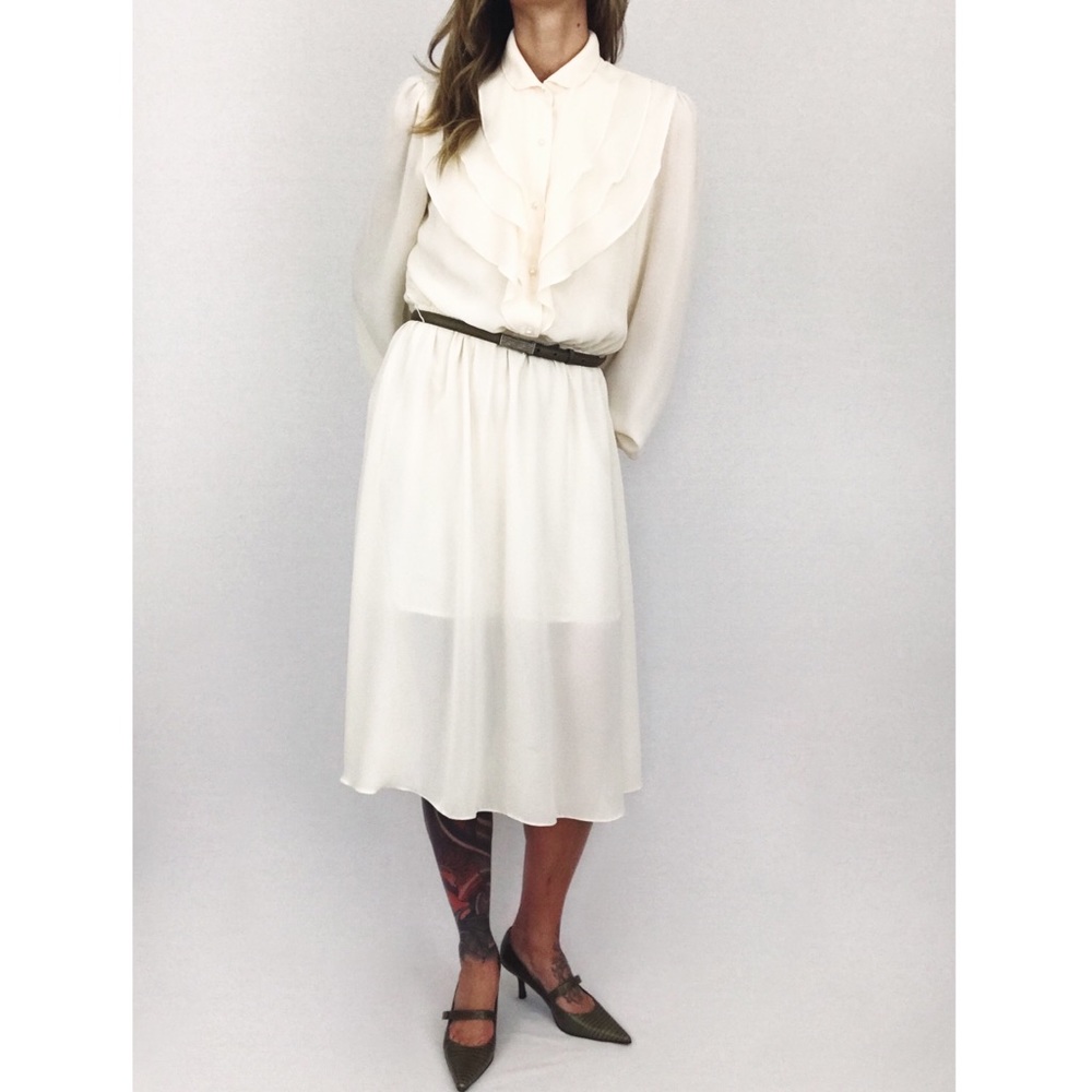 Vintage Sheer Ruffle Midi Dress in Ivory | Size S/M - Picture 2 of 15